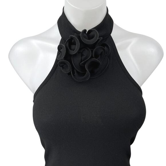 NA-KD Black Sleeveless Rose Halter High Neck Slit Midi Maxi Bodycon Dress XS - Picture 3 of 6